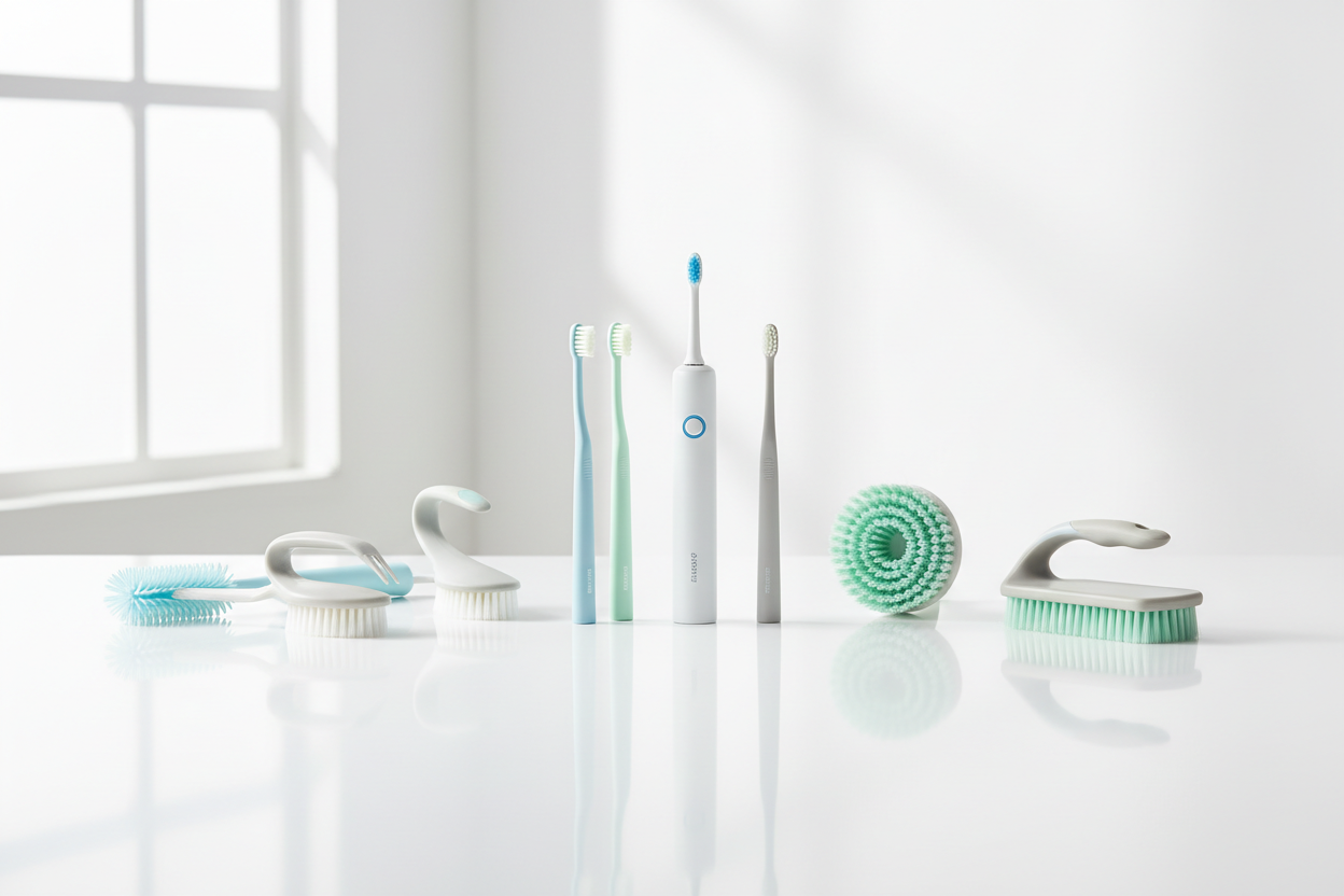 Ultra-clean, modern eCommerce homepage hero image for a premium hygiene and cleaning brush brand.
Show a neatly arranged collection of products including toothbrushes, electric toothbrush, cleaning brushes, and household scrub brushes.
Products placed on a smooth white surface with soft natural shadows.
Color palette: white, soft blue, mint green, and light gray for a fresh hygienic feel.
Minimal lifestyle setting, studio lighting, bright and airy environment.
High-end product photography style, sharp focus